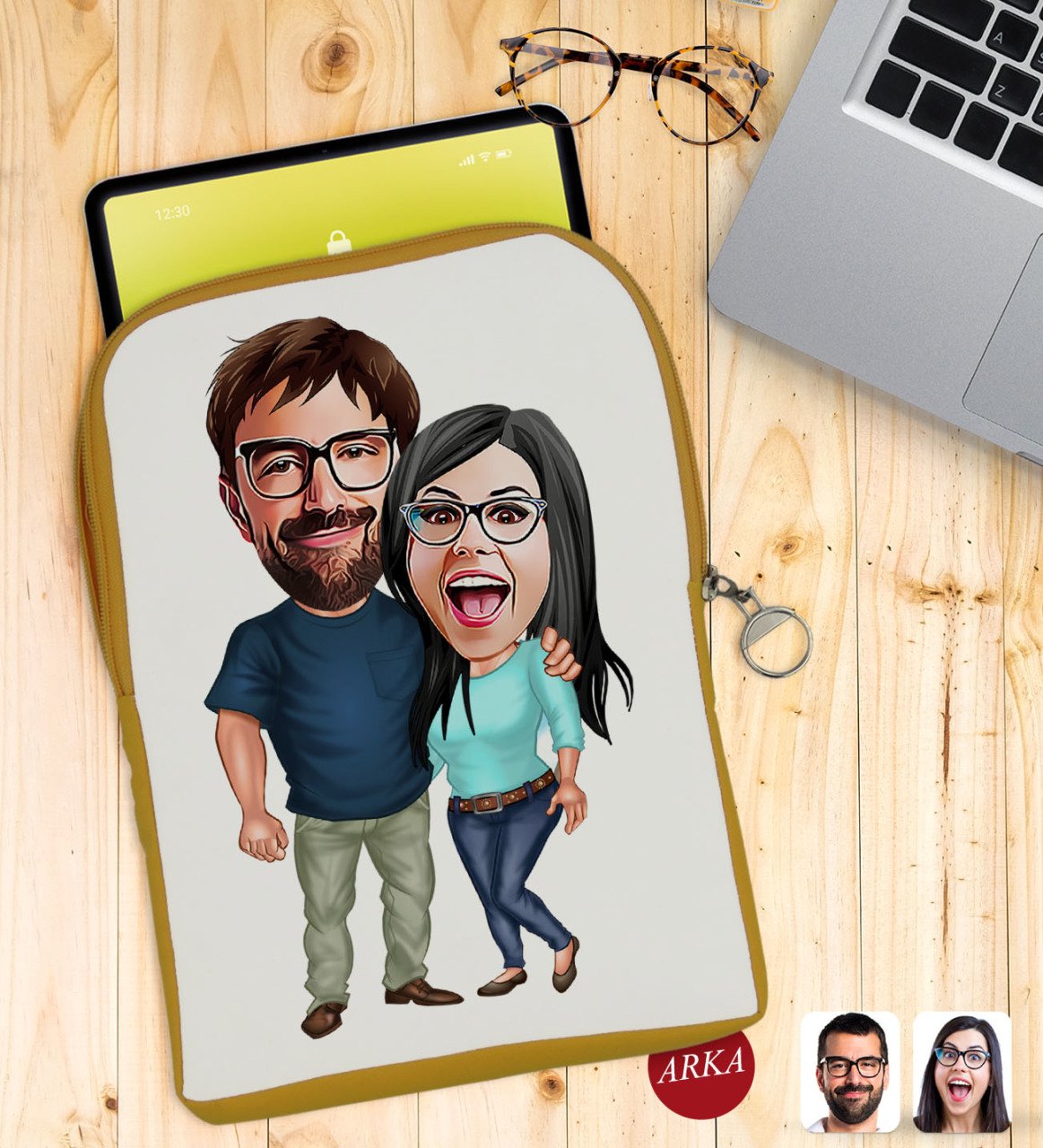 Kişiye Özel Sevgililer Karikatürlü Taşınabilir Koruyucu Tablet Kılıfı & Organizer Çanta - Sarı-109