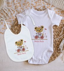 BK Kids Kişiye Özel Sevimli Ayı Tasarımlı Bebek Body Zıbın ve Mama Önlüğü Hediye Seti - Model 2