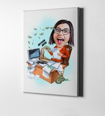 Kişiye Özel Bayan Bankacı Karikatür Kanvas Tablo (50 x 70 cm.) 1