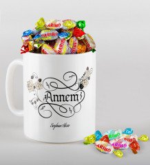 Kişiye Özel Kaligrafi Annem Tasarımlı Beyaz Kupa ve Haribo Şeker Hediye Seti-1