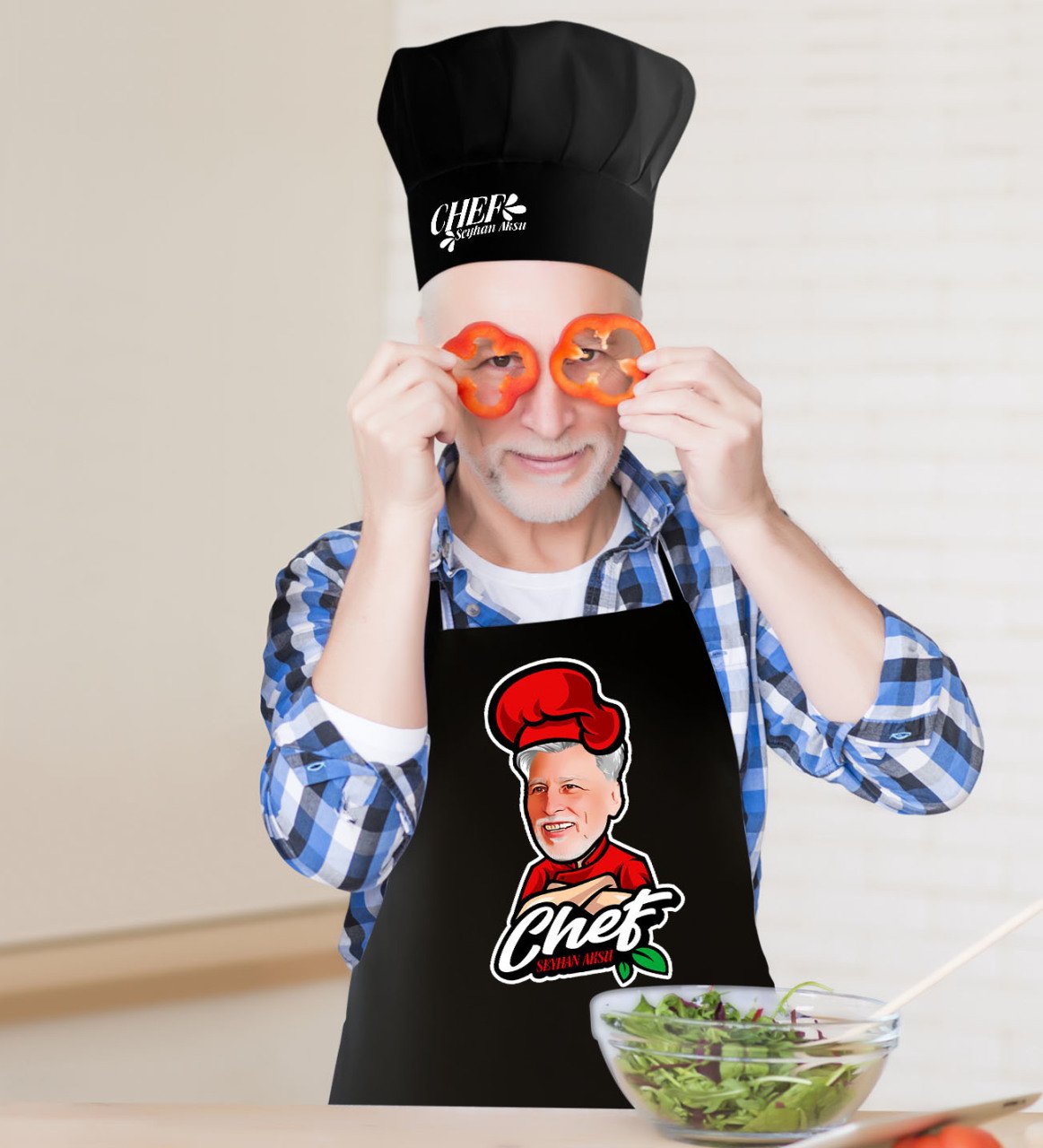 Kişiye Özel Bay Chef Karikatürlü Siyah Mutfak Önlüğü Aşçı Şapkası Seti-10