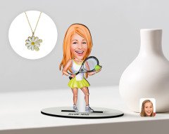 Kişiye Özel Kadın Tenis Oyuncusu Karikatürlü 3D Ahşap Biblo ve İsimli Tarihli Papatya Kolye Seti-2