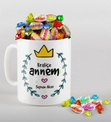 Kişiye Özel Kraliçe Annem Tasarımlı Beyaz Kupa ve Haribo Şeker Hediye Seti-1