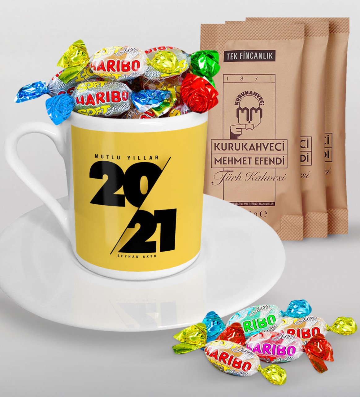 BK Gift Kişiye Özel 2023 Mutlu Yıllar Türk Kahvesi Fincanı Mehmet Efendi Kahve ve Haribo Şeker Hediye Seti-9