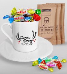 Kişiye Özel Sevgililer Günü Türk Kahvesi Fincanı Mehmet Efendi Kahve ve Haribo Şeker Hediye Seti-30