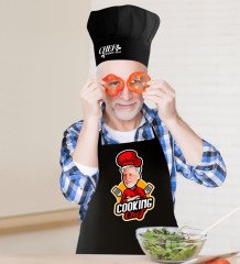 Kişiye Özel Bay Chef Karikatürlü Siyah Mutfak Önlüğü Aşçı Şapkası Seti-11