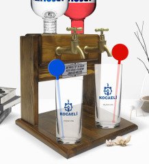 Kişiye Özel Renkli Baskılı Kocaeli Tasarımlı Turistik İkili Vodka Bardağı ve Çift Musluklu Doğal Ahşap Vodka Standı-1