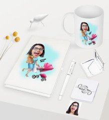 Kişiye Özel Ev Hanımı Anne Karikatürlü Beyaz Defter Kalem Kupa Ayna Seti - 1
