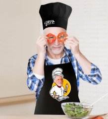 Kişiye Özel Bay Chef Karikatürlü Siyah Mutfak Önlüğü Aşçı Şapkası Seti-12