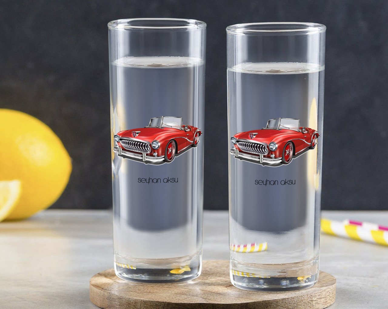 Kişiye Özel Renkli Baskılı Retro Otomobil Tasarımlı İkili Vodka Bardağı-2