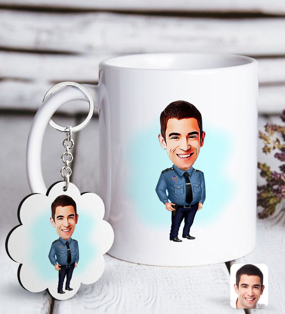 Kişiye Özel Erkek Polis Karikatürlü Beyaz Kupa ve Anahtarlık Hediye Seti-3