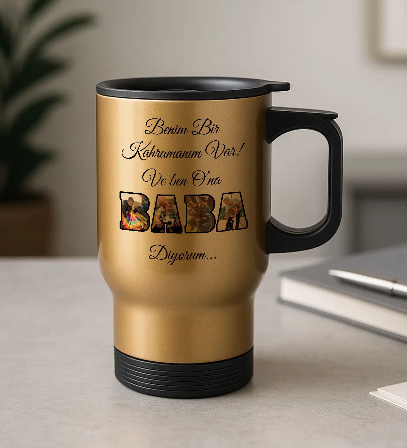 BK Gift Kişiye Özel Fotoğraflı Babalar Günü Tasarımlı Kulplu Gold Çelik Bardak Termos Mug 450ml-4, Babalar Günü Hediye, Babaya Hediye