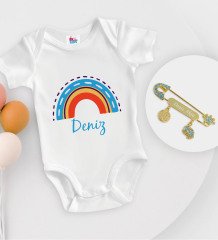 BK Kids Kişiye Özel İsimli Beyaz Bebek Body Zıbın ve Erkek Bebek İğnesi Hediye Seti-2
