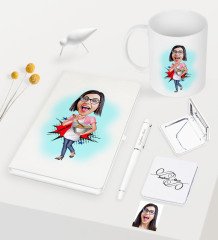 Kişiye Özel Ev Hanımı Anne Karikatürlü Beyaz Defter Kalem Kupa Ayna Seti - 3