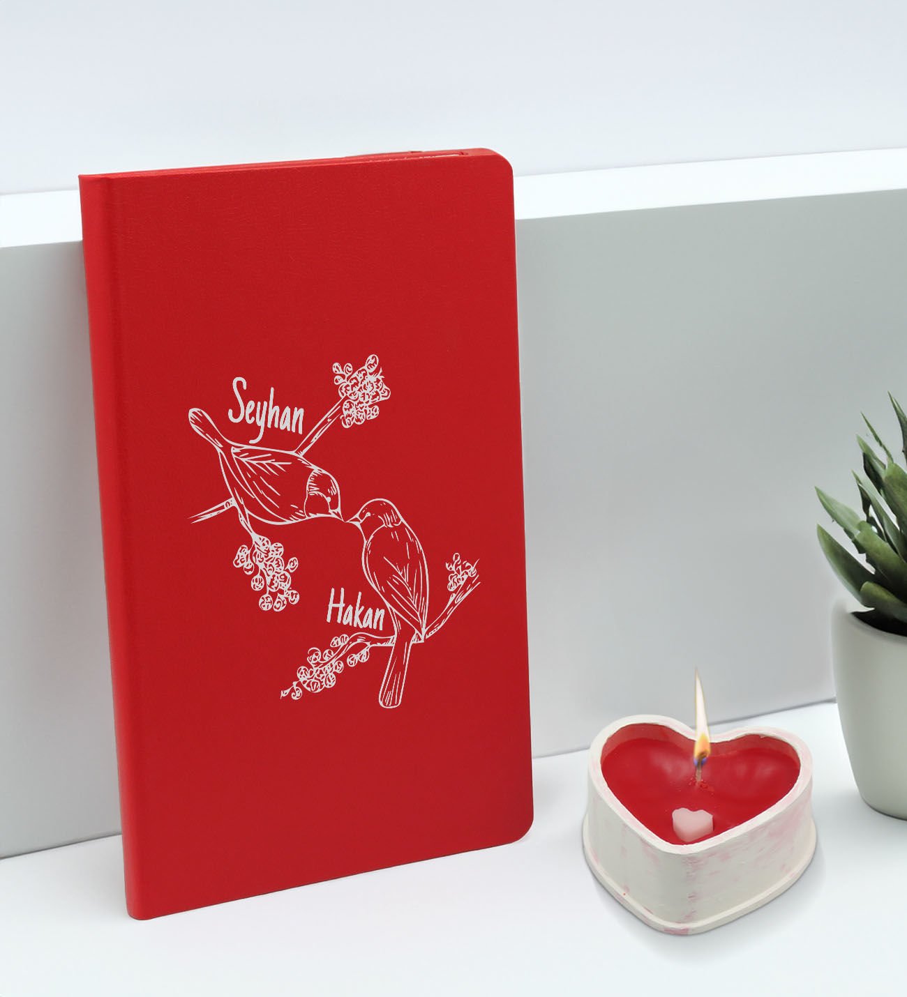 BK Gift Sevgililere Özel İsimli Kırmızı Defter ve Kalp Taş Obje Kokulu Mum Hediye Seti-8, Sevgiliye Hediye, Sevgililer Günü