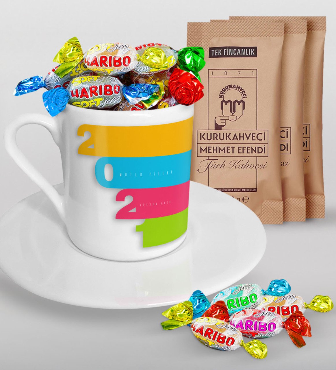 BK Gift Kişiye Özel 2023 Mutlu Yıllar Türk Kahvesi Fincanı Mehmet Efendi Kahve ve Haribo Şeker Hediye Seti-12