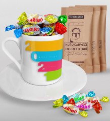 BK Gift Kişiye Özel 2023 Mutlu Yıllar Türk Kahvesi Fincanı Mehmet Efendi Kahve ve Haribo Şeker Hediye Seti-12