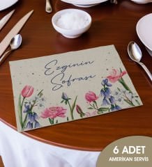 BK Gift Kişiye Özel Çiçek Tasarımlı 6’li Keten Amerikan Servis Seti-2, Ev Hediyesi,Baskılı Servis Bezi, Mutfak Dekoru