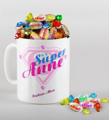 Kişiye Özel Süper Anne Tasarımlı Beyaz Kupa ve Haribo Şeker Hediye Seti-2