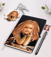 Kişiye Özel Soyut Kız Çocuk Karikatürlü Siyah Defter Kalem Ve Anahtarlık Hediye Seti-1