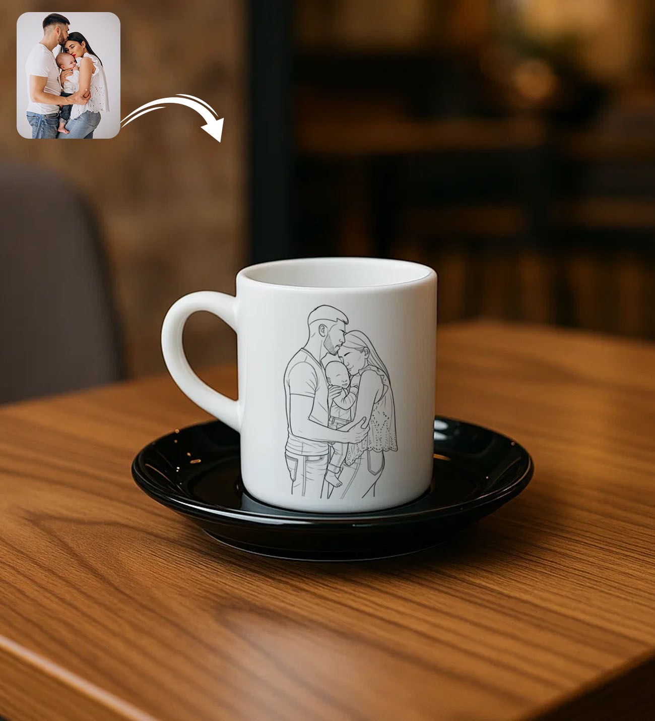 BK Gift Kişiye Özel Line Art Tasarımlı Siyah Tabaklı Türk Kahvesi Fincanı-1, Arkadaşa Hediye, Sevgiliye Hediye, Eşe Hediye