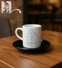BK Gift Kişiye Özel Line Art Tasarımlı Siyah Tabaklı Türk Kahvesi Fincanı-1, Arkadaşa Hediye, Sevgiliye Hediye, Eşe Hediye
