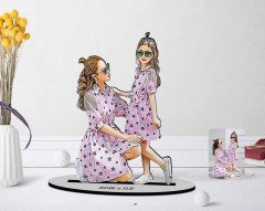 Kişiye Özel Tam Boy Anne Kız Karikatürlü Ahşap Biblo Model-1