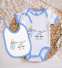 BK Kids Kişiye Özel Her Şeyin Başı Süt Tasarımlı Mavi Bebek Body Zıbın ve Mama Önlüğü Hediye Seti