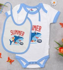 BK Kids Summer Time Tasarımlı Mavi Bebek Body Zıbın ve Mama Önlüğü Hediye Seti-1