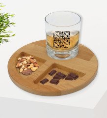 Kişiye Özel İsimli Viski Bardağı ve Doğal Masif Ahşap Yuvarlak Sunum Tabağı Çerezlik Hediye Seti-10