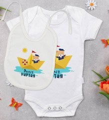 BK Kids Kişiye Özel Sevimli Kaptan Tasarımlı Bebek Body Zıbın ve Mama Önlüğü Hediye Seti - Model 1