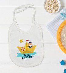 BK Kids Kişiye Özel Sevimli Kaptan Tasarımlı Bebek Body Zıbın ve Mama Önlüğü Hediye Seti - Model 1