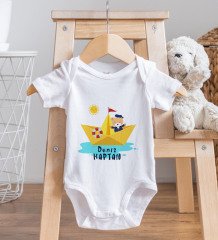 BK Kids Kişiye Özel Sevimli Kaptan Tasarımlı Bebek Body Zıbın ve Mama Önlüğü Hediye Seti - Model 1