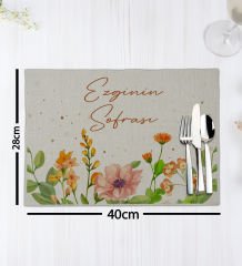 BK Gift Kişiye Özel Çiçek Tasarımlı 6’li Keten Amerikan Servis Seti-3, Ev Hediyesi,Baskılı Servis Bezi, Mutfak Dekoru
