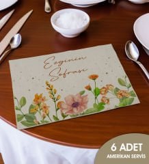 BK Gift Kişiye Özel Çiçek Tasarımlı 6’li Keten Amerikan Servis Seti-3, Ev Hediyesi,Baskılı Servis Bezi, Mutfak Dekoru