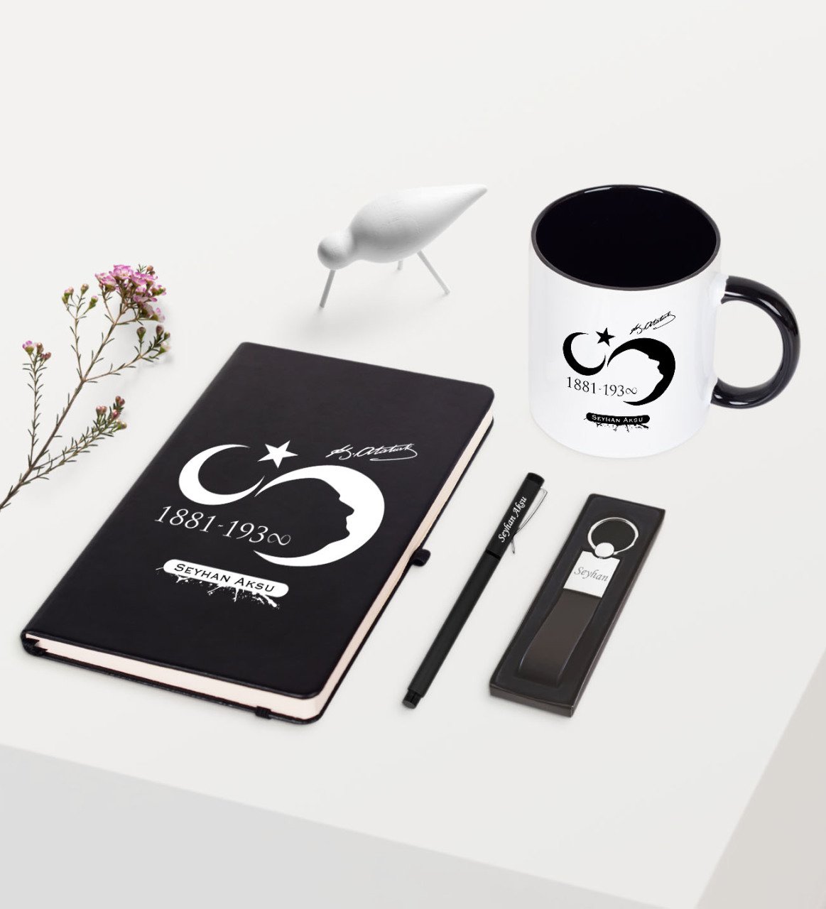 Kişiye Özel Atatürk Temalı Siyah Defter Kalem Anahtarlık Kupa Seti - 5