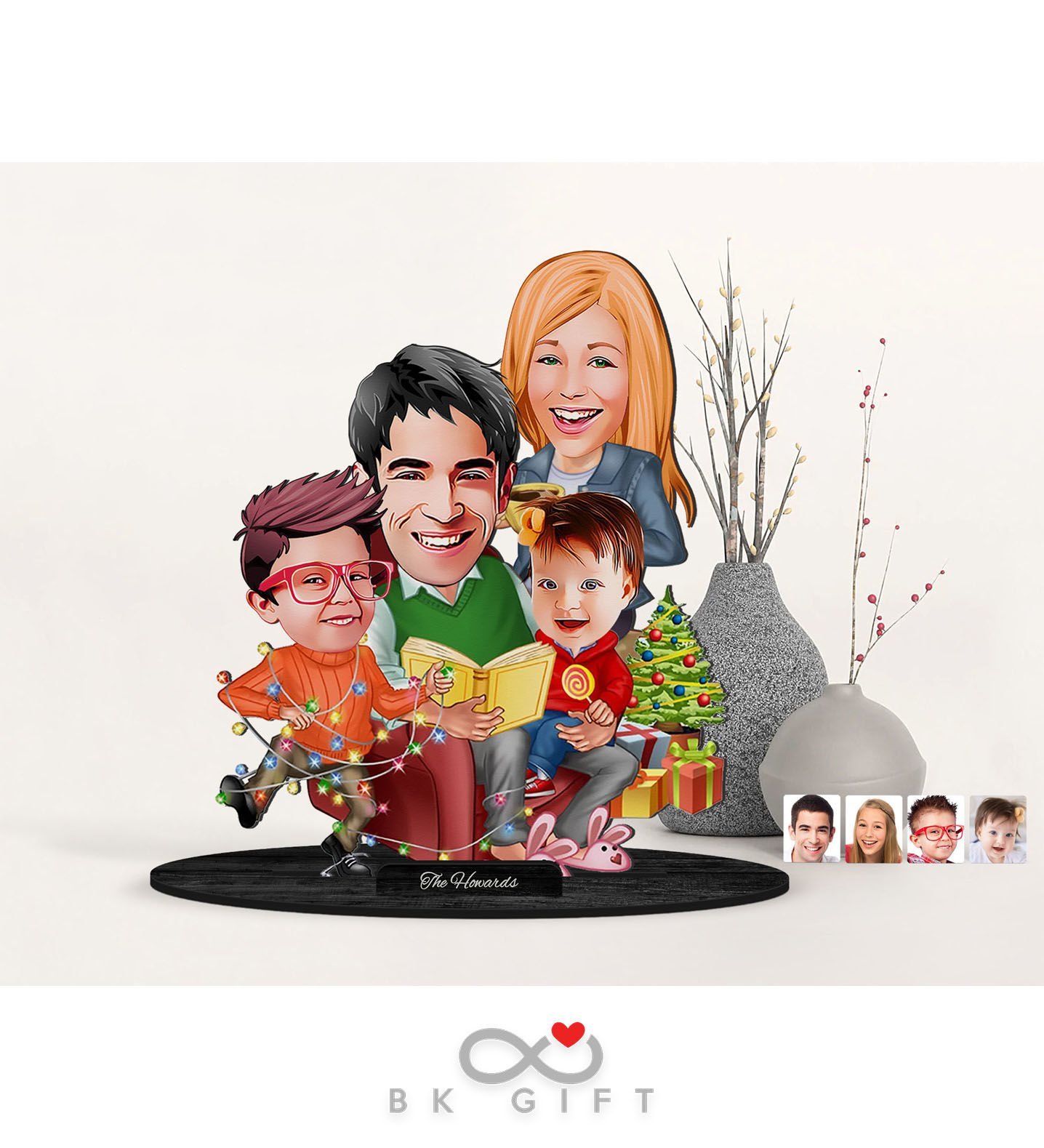 BK Gift Kişiye Özel Yeni Yıl 4'lü Aile Karikatürlü Ahşap Biblo-3