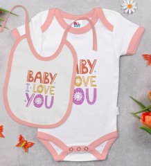 BK Kids Baby I Love You Tasarımlı Pembe Bebek Body Zıbın ve Mama Önlüğü Hediye Seti-1