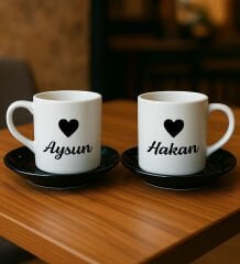 BK Gift Kişiye Özel İsimli 2'li Siyah Tabaklı Türk Kahvesi Fincanı-1, Arkadaşa Hediye, Sevgiliye Hediye, Eşe Hediye