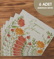 BK Gift Kişiye Özel Çiçek Tasarımlı 6’li Keten Amerikan Servis Seti-4, Ev Hediyesi,Baskılı Servis Bezi, Mutfak Dekoru