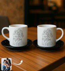 BK Gift Kişiye Özel Line Art Tasarımlı 2'li Siyah Tabaklı Türk Kahvesi Fincanı-1, Arkadaşa Hediye, Sevgiliye Hediye, Eşe Hediye