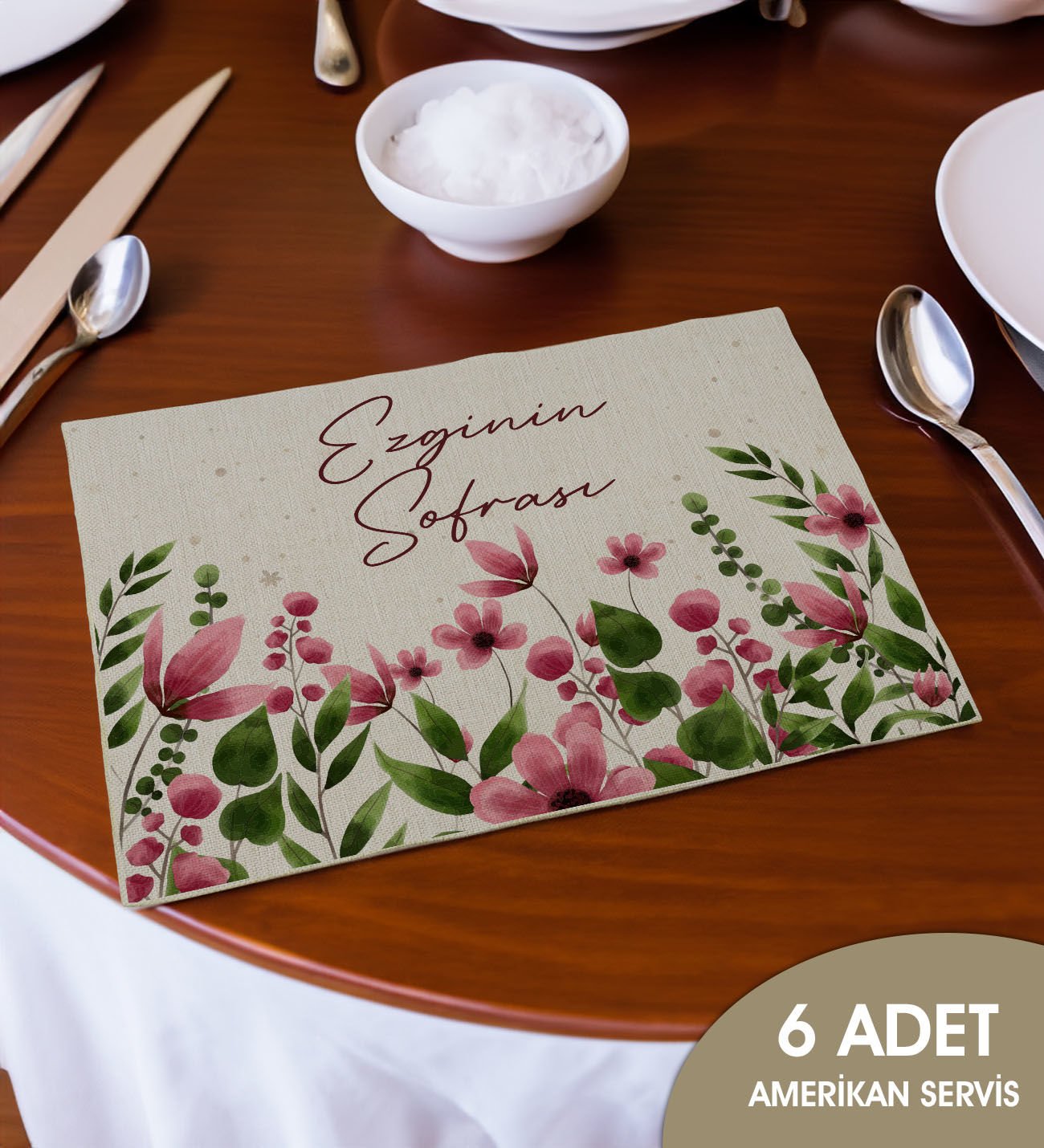 BK Gift Kişiye Özel Çiçek Tasarımlı 6’li Keten Amerikan Servis Seti-5, Ev Hediyesi,Baskılı Servis Bezi, Mutfak Dekoru