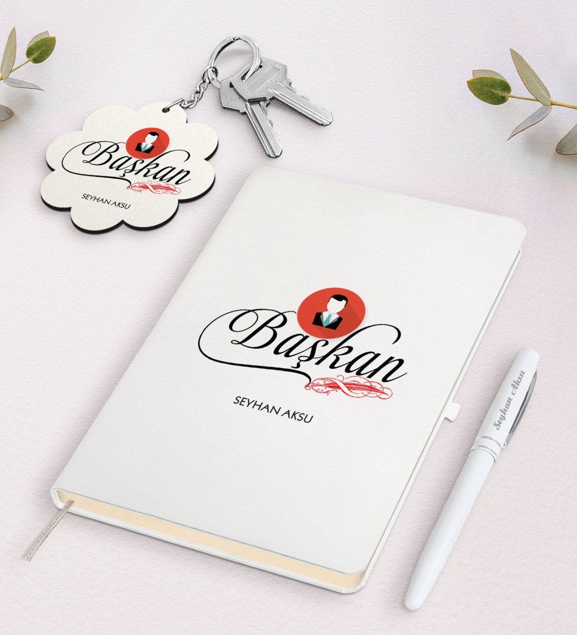 Kişiye Özel Başkan Beyaz Defter Kalem Ve Anahtarlık Hediye Seti-2