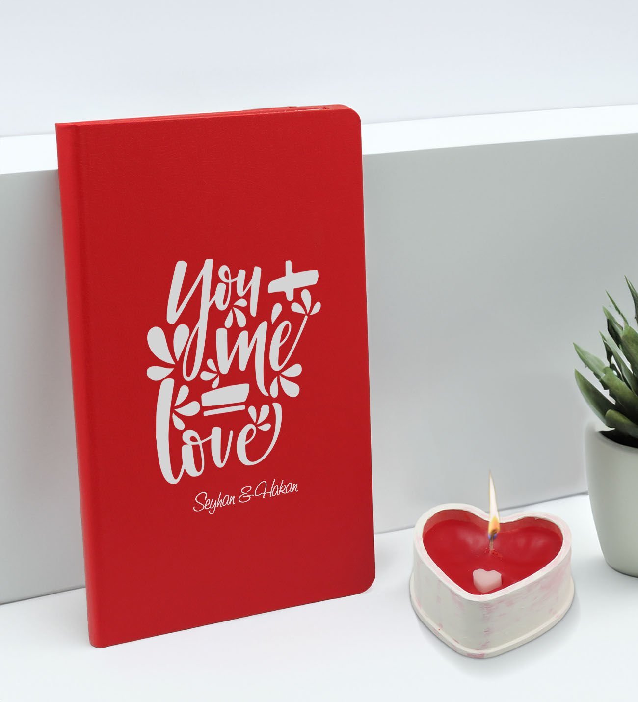 BK Gift Sevgililere Özel İsimli Kırmızı Defter ve Kalp Taş Obje Kokulu Mum Hediye Seti-12, Sevgiliye Hediye, Sevgililer Günü