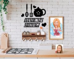 BK Home İsme Özel Mutfak Duvar Süsü Ahşap Karikatürlü Tablo ve Dekoratif Raflı Fincan Askılığı Hediye Seti-10