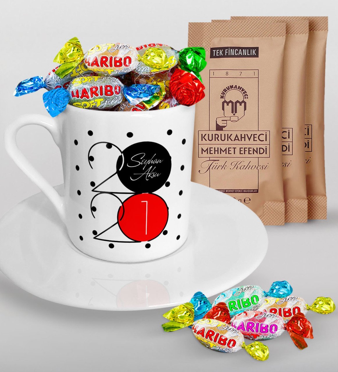 BK Gift Kişiye Özel 2023 Mutlu Yıllar Türk Kahvesi Fincanı Mehmet Efendi Kahve ve Haribo Şeker Hediye Seti-15