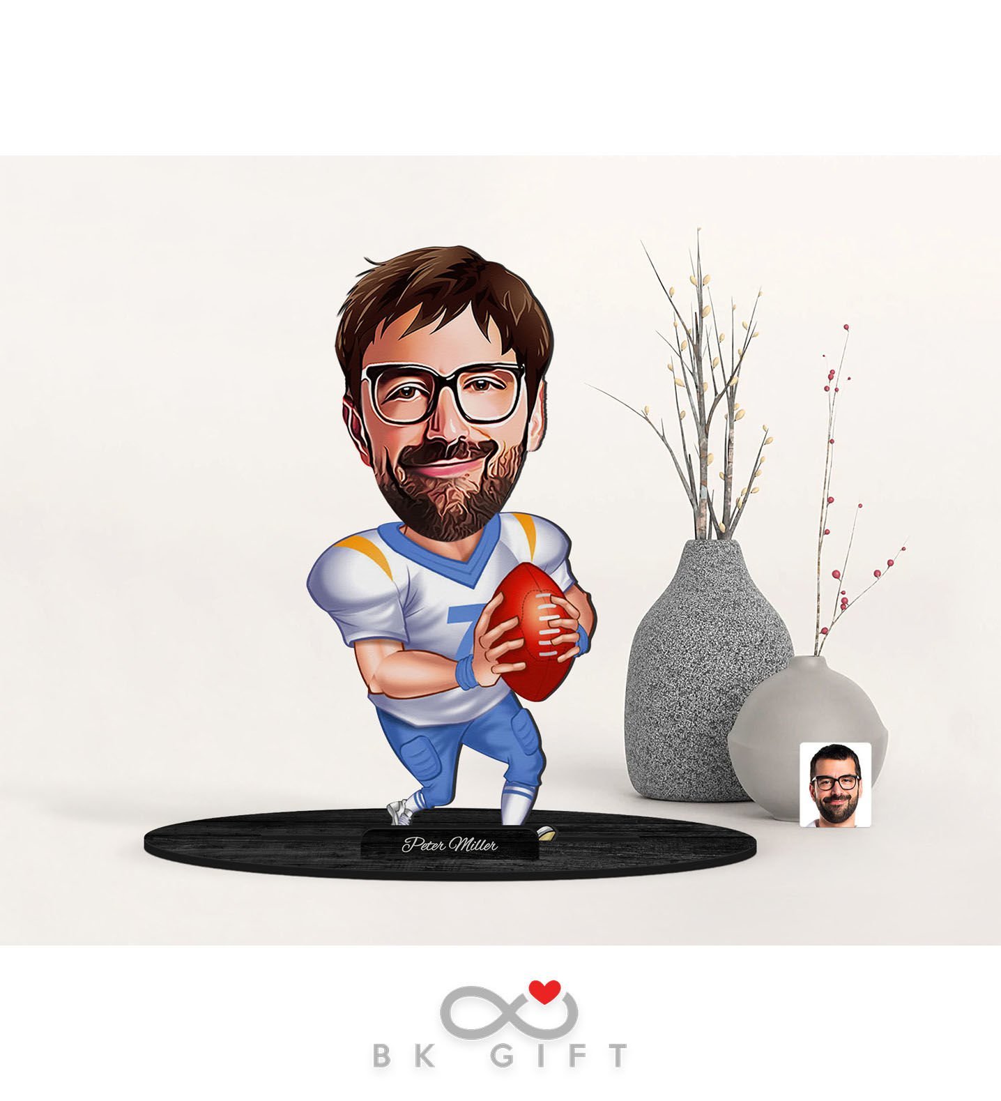 BK Gift Kişiye Özel Erkek Amerikan Futbolcu Karikatürlü Ahşap Biblo-1