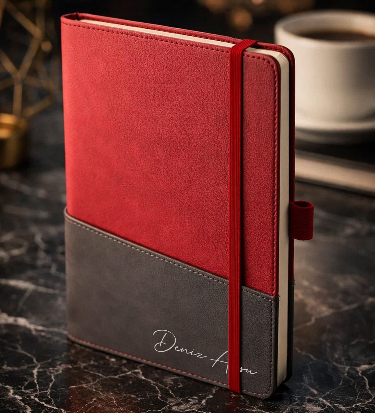 BK Gift Kişiye Özel Kırmızı Termo Deri Defter -17, Kartvizit Bölmeli, Çizgili Ivory Kağıt