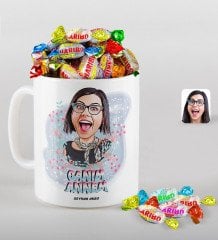 Kişiye Özel Anneler Günü Temalı Canım Annem Karikatürlü Beyaz Kupa ve Haribo Şeker Hediye Seti-1