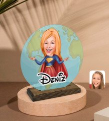 Kişiye Özel Süper Girl Karikatürlü Yuvarlak Ahşap Standlı Biblo-1